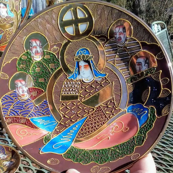 Antique Japanese Moriage Tea Cup Set. Gold Hand Painted  Moriage demitasse set with plates and gold leaf.